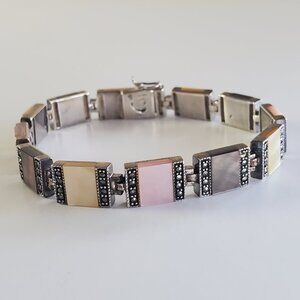 Vintage Multi Mother of Pearl Marcasite Sterling Silver Bracelet
